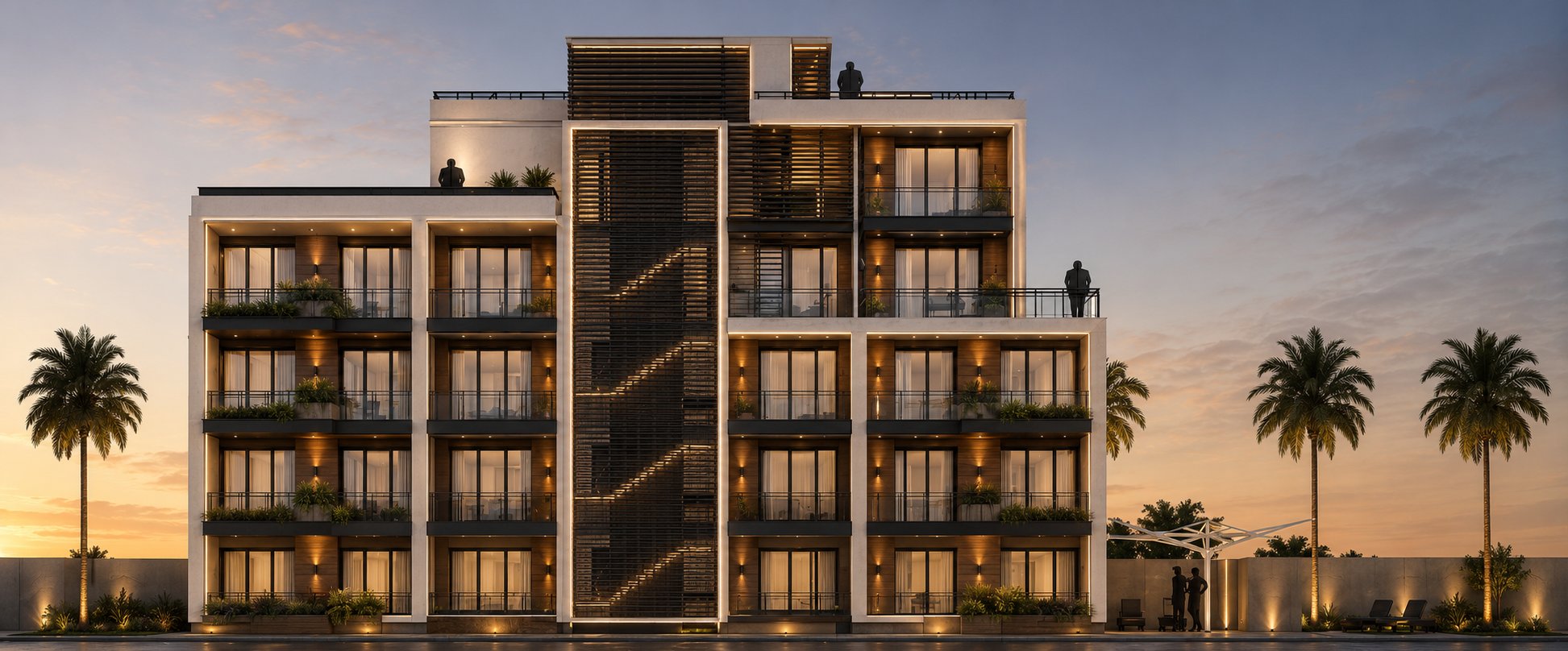 A Casabella building at dusk — lit planted balconies and a timber-screened stair core against a sunset sky in Aruba.