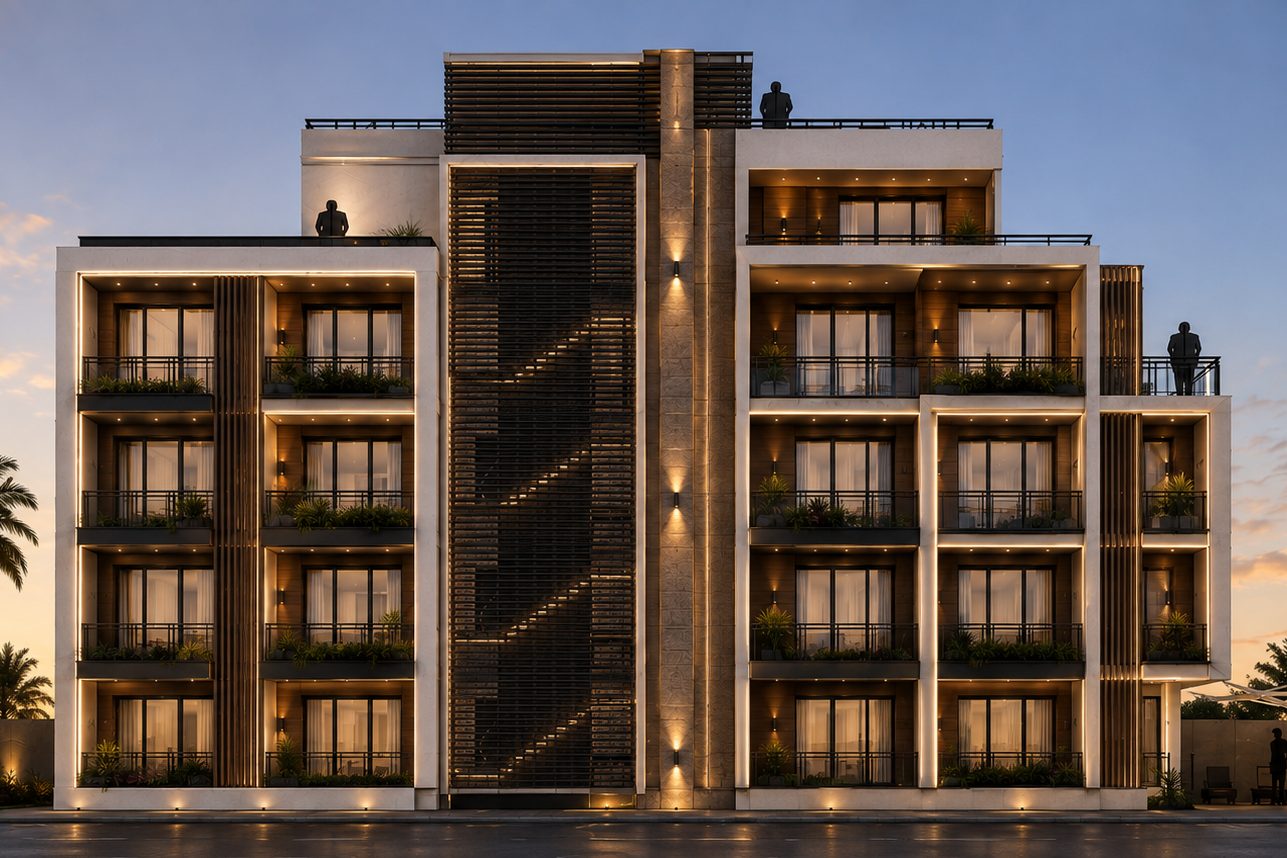 Casabella Tower at dusk — stepped white volumes and lit planted balconies either side of an illuminated timber stair core.