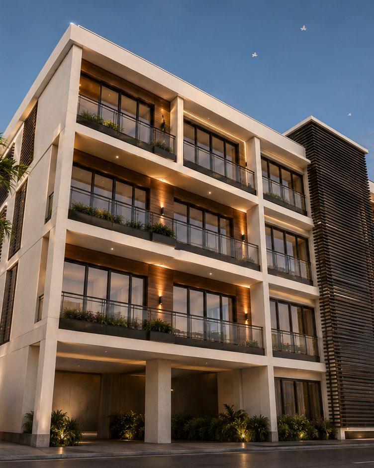 The west corner of Casabella Tower at dusk, seen from the street: four levels of deep planted balconies over an open ground-floor entrance, with the timber-screened stair core rising at the right.